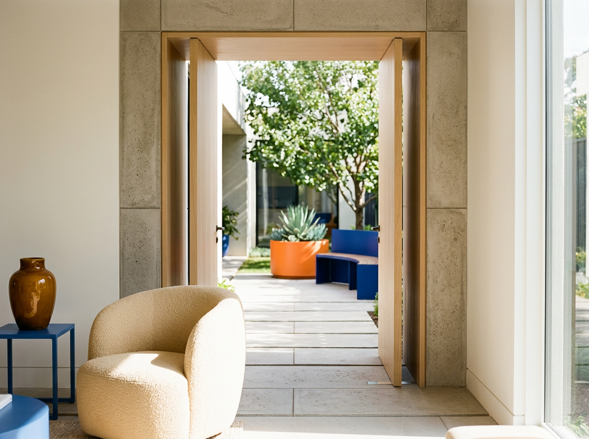 Interior view of a room with a beige armchair and a blue side table with a brown vase, opening to an outdoor patio with planters, trees, and outdoor seating.