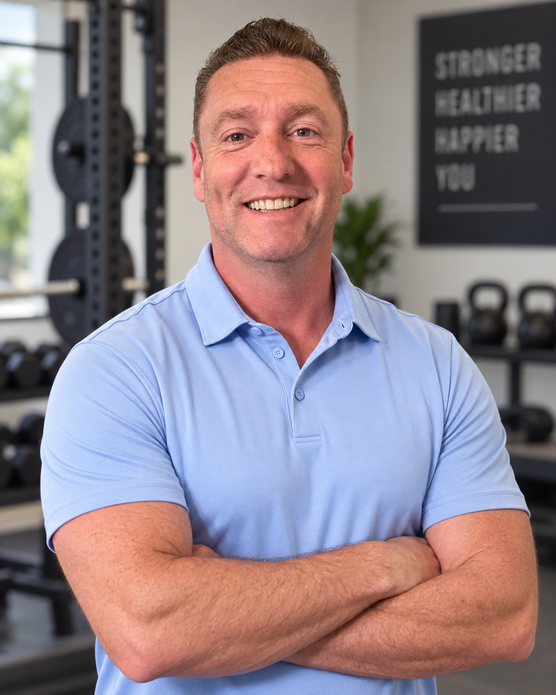 A smiling personal trainer in a light blue polo shirt standing in a gym with weightlifting equipment and a motivational poster in the background.