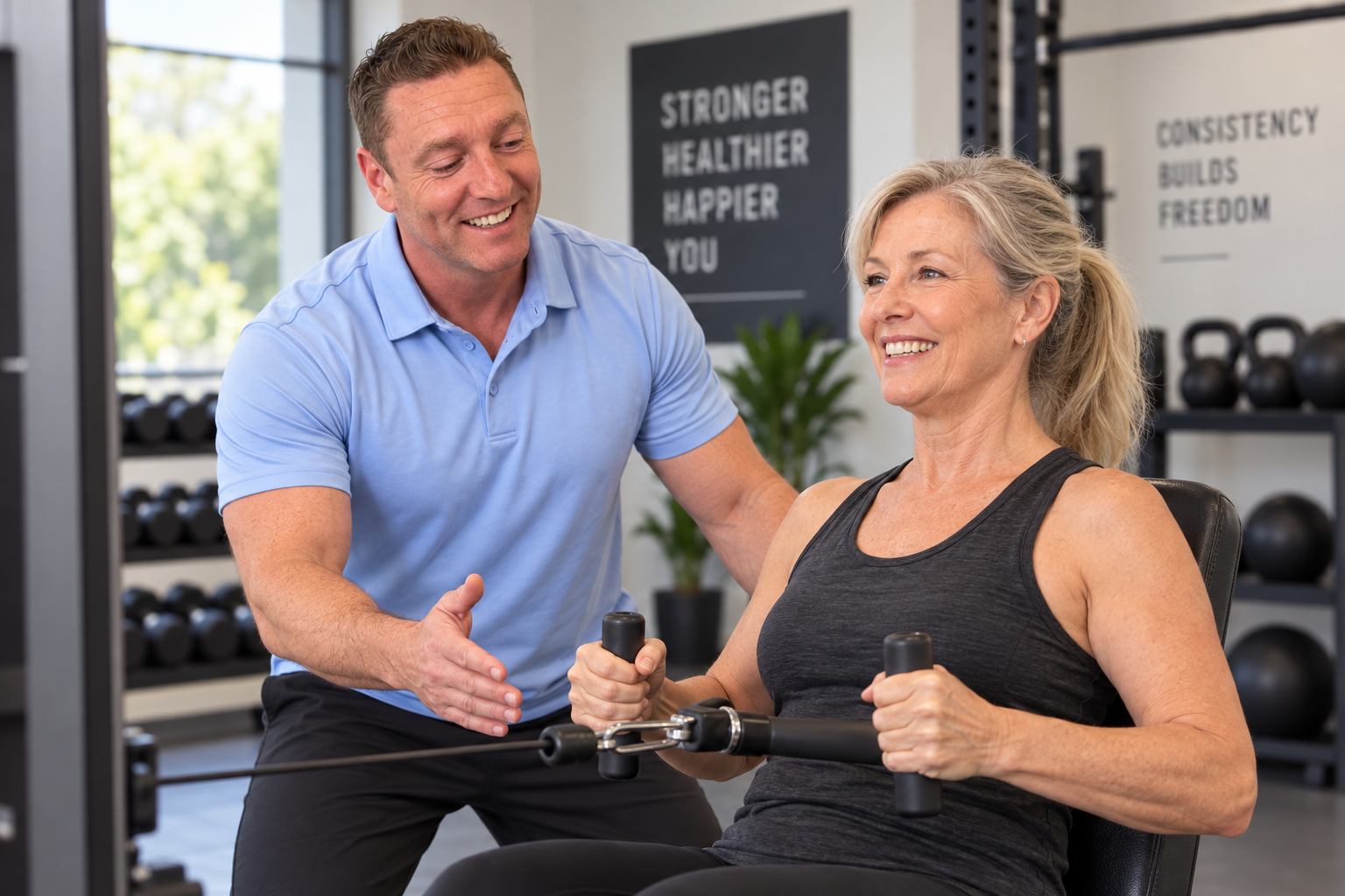 A female senior exercising with weights assisted by a personal trainer in a gym.