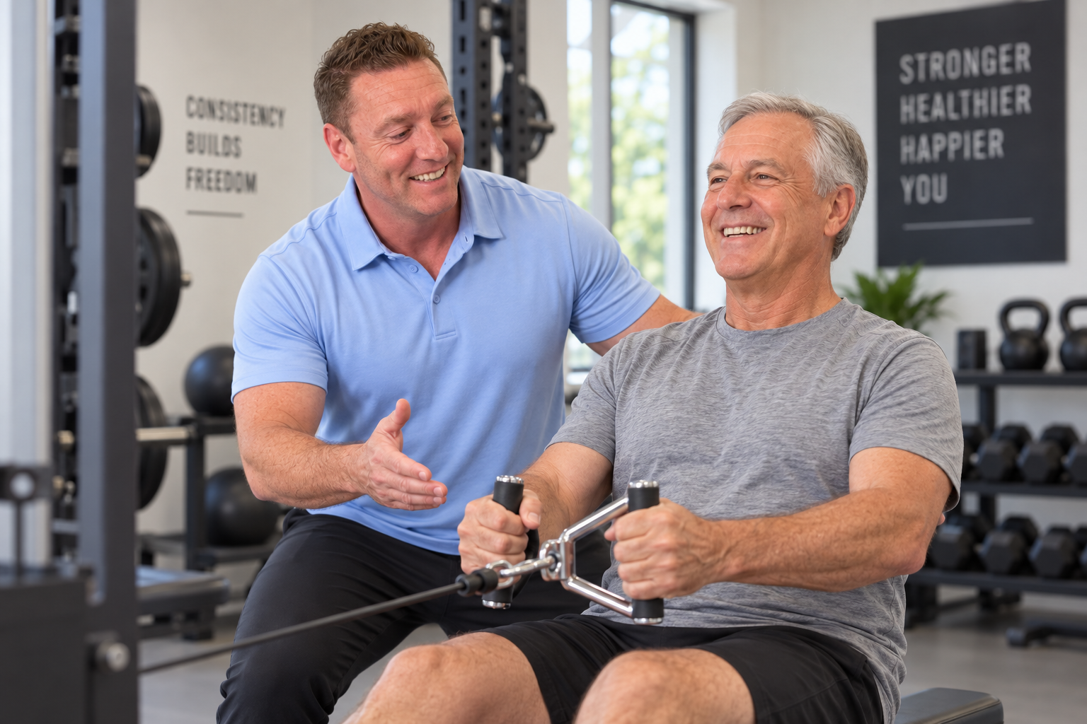 A personal trainer assisting an older man with a seated rowing exercise at a gym.