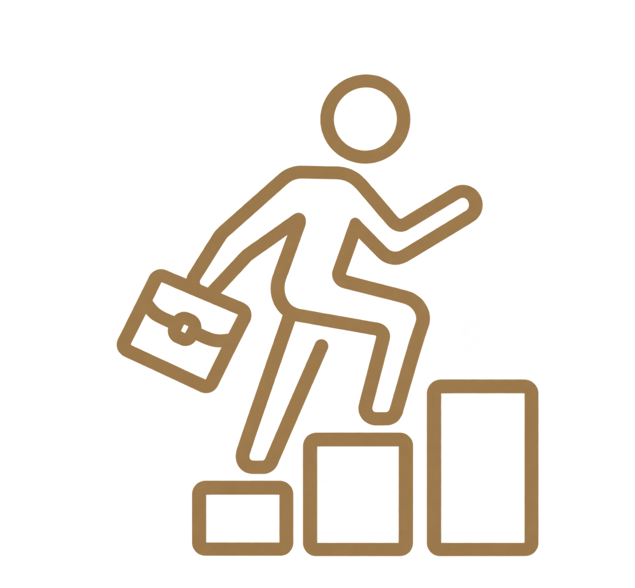 Symbol eines Mannes, der Stufen hinaufsteigt, mit Aktentasche und Smartphone in der Hand, und auf verschiedenen nackten Blöcken steht.