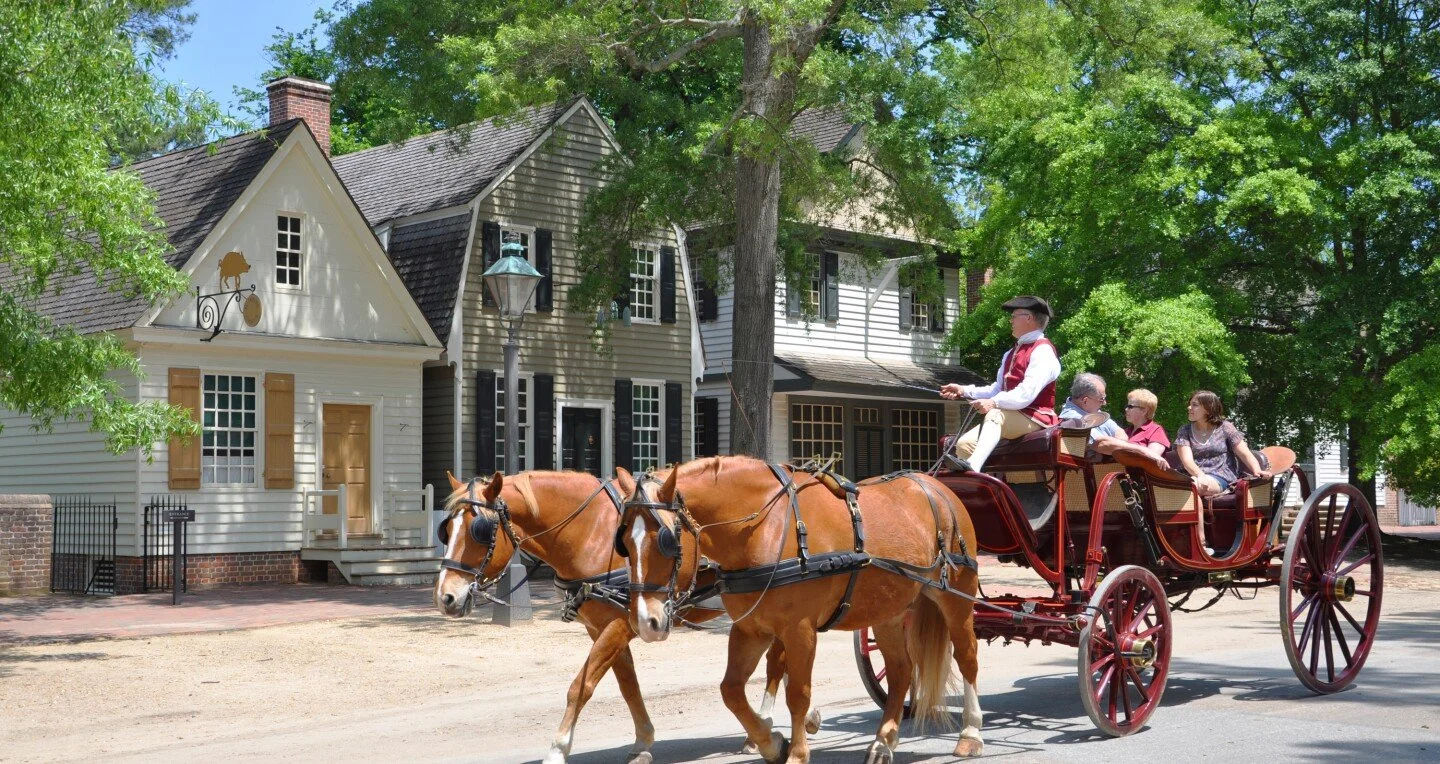 A horse-drawn carriage carrying four tourists through a historic district with old houses and green trees.