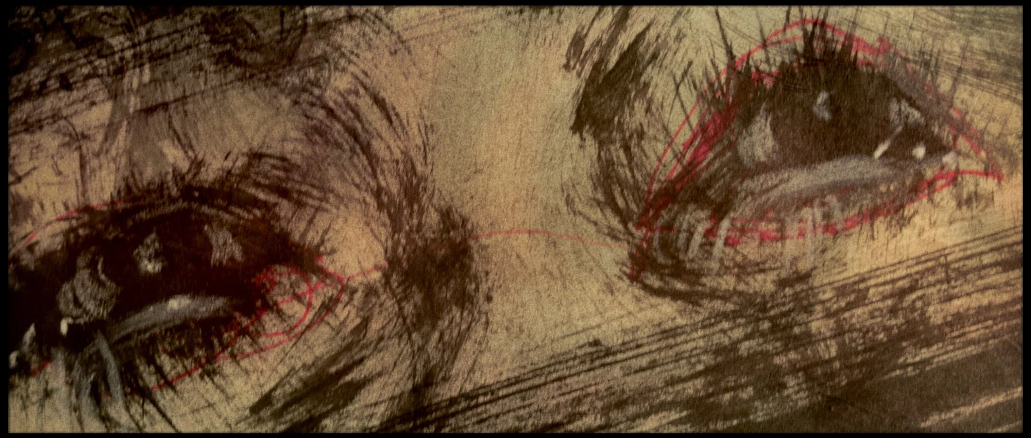A drawing of a face with dark, sketchy lines, showing the eyes, nose, and partial mouth on a textured, brownish background.