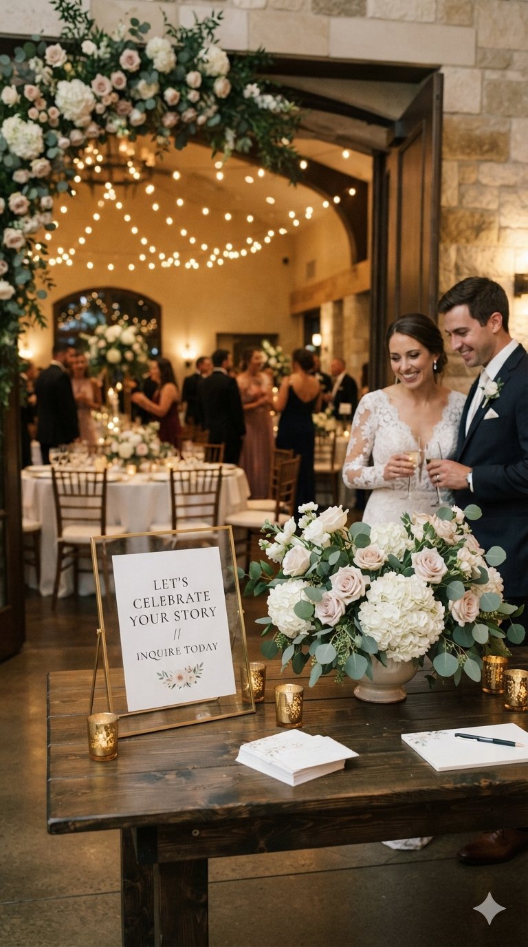 Bride and groom smiling at a wedding reception table with a floral arrangement, sign, candles, and a guest book in the foreground, guests dancing in the background under string lights.