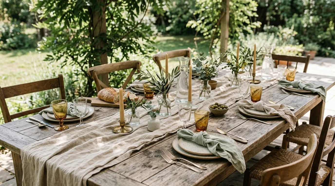 A rustic outdoor dining table set with plates, glasses, napkins, candles, and greenery, surrounded by wooden chairs, in a garden setting.