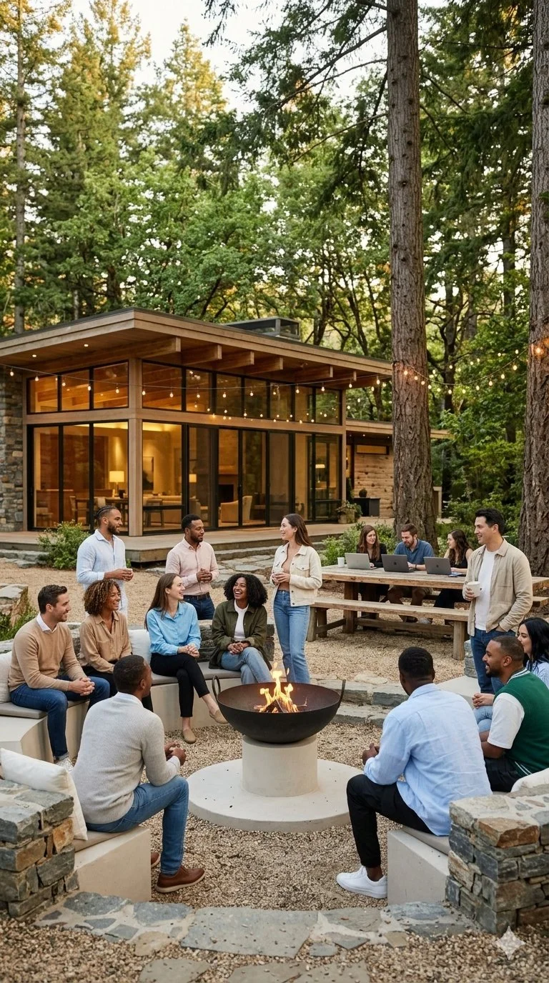 Group of diverse people gathered around a fire pit chatting and socializing in an outdoor backyard with trees, string lights, and a modern glass house in the background during evening