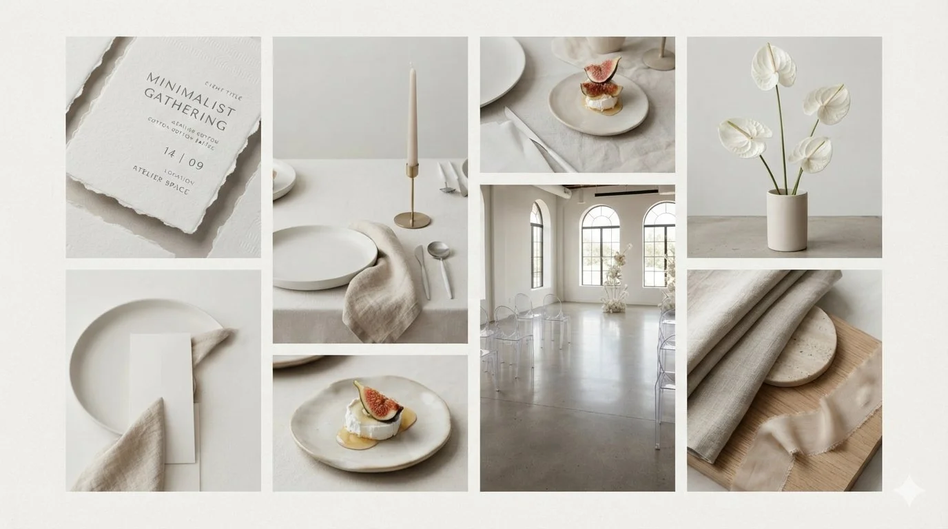 Minimalist table and interior decor with neutral tones, linen fabrics, candles, flowers, and plates, presenting an elegant and simple aesthetic.