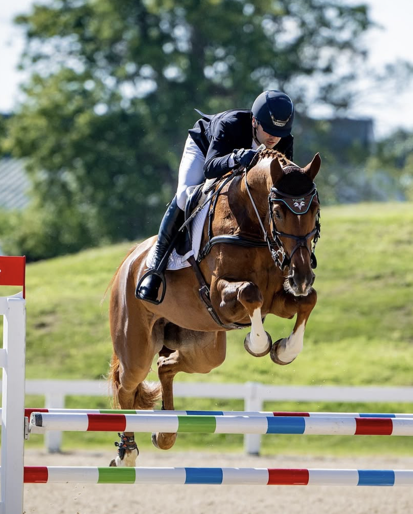 A rider in black attire and helmet jumping over a colorful show jump on a bay horse in an outdoor arena.