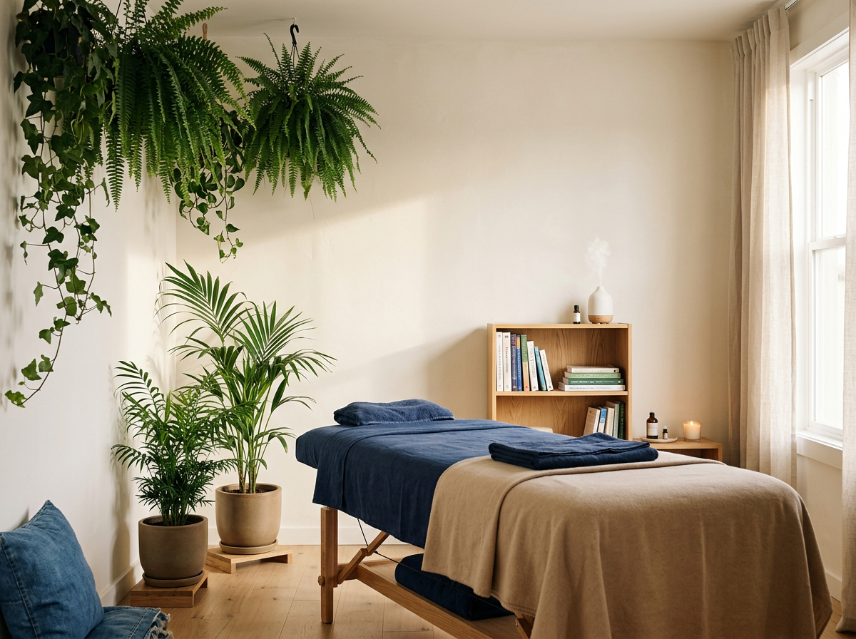 A massage room with a massage table covered in navy blue and beige sheets, surrounded by potted plants and natural light from a large window with curtains.
