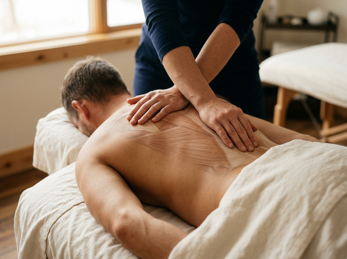 Massage therapist performing targeted massage and soft tissue therapy on a client's back to relieve muscle tension. Tight muscles are illustrated on the clients back