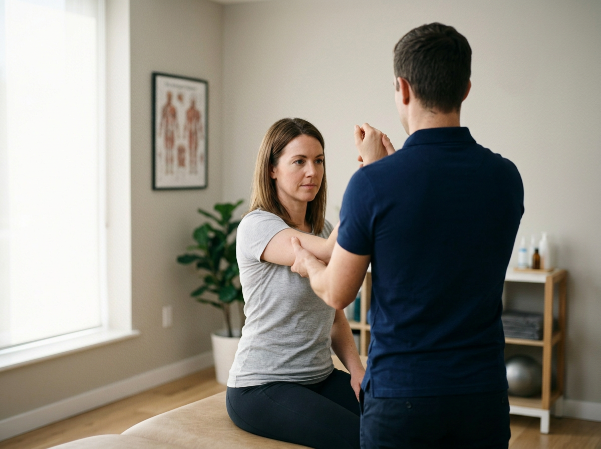 Massage and Soft tissue therapist performing a clinical shoulder movement assessment on a seated client in a bright treatment room
