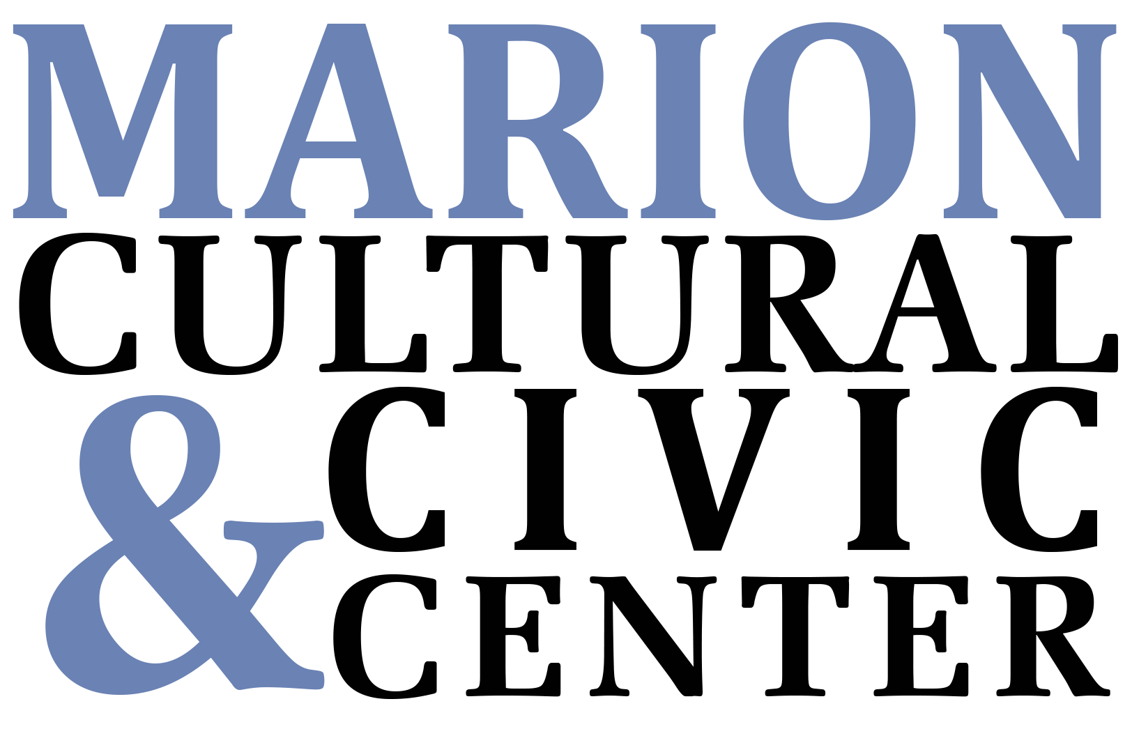 Marion County Cultural & Event Center logo with large blue text and black and gray elements.