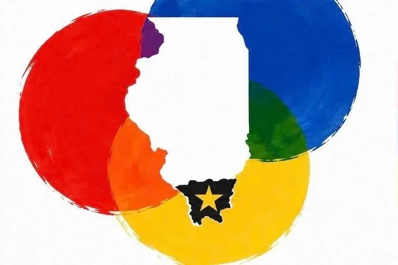 Outline of the state of Indiana with a black star in southern Indiana, overlapping large colored circles in red, yellow, blue, green, and purple.