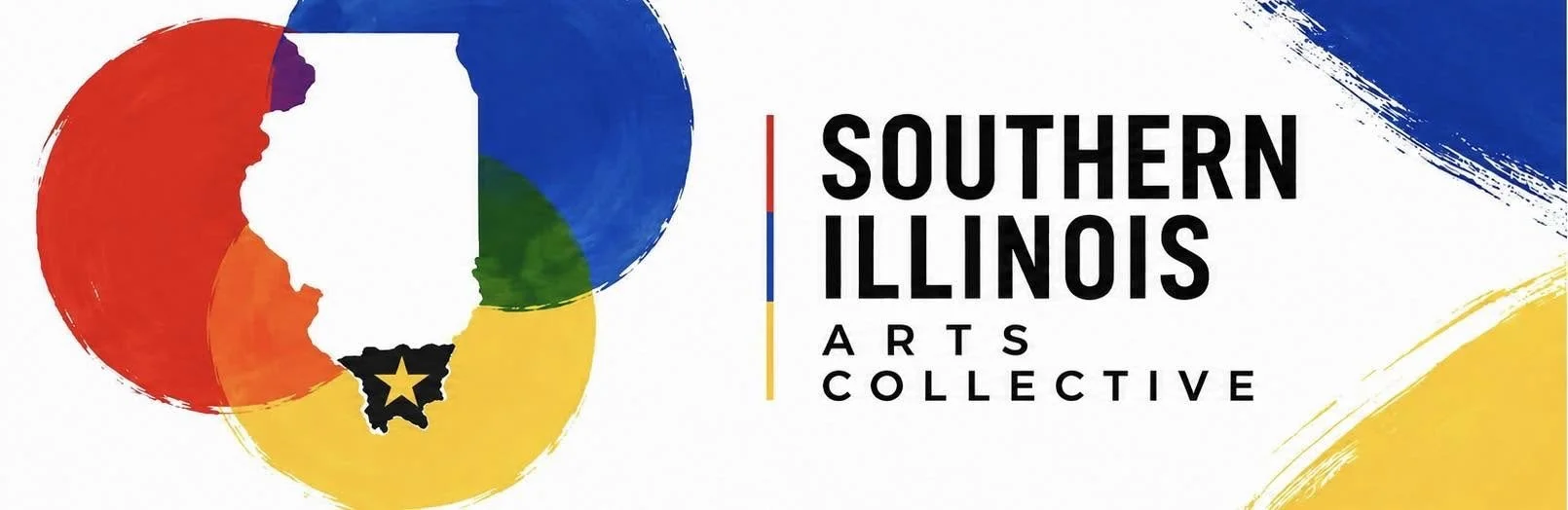 Colorful artistic logo for Southern Illinois Arts Collective with a map of Illinois, an artistic design, and the text Southern Illinois Arts Collective.