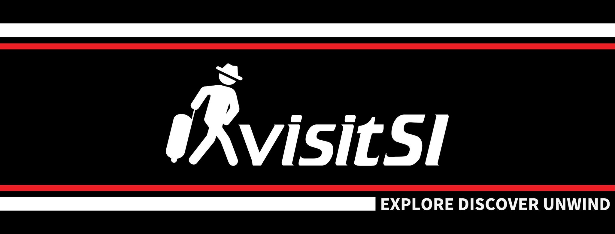 Sign with stylized figure of a person with luggage, the words 'visits' and the phrase 'Explore Discover Unwind'.
