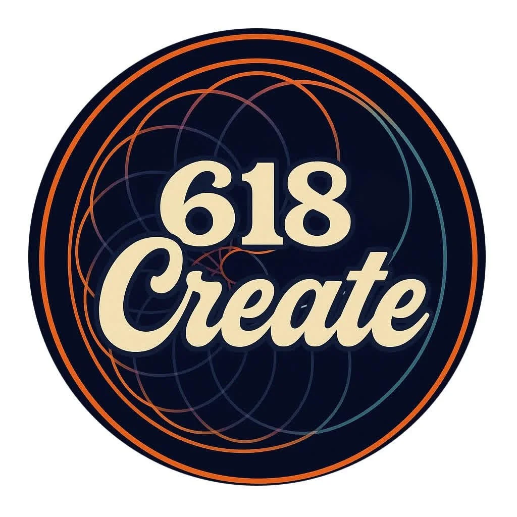 A circular design with psychedelic orange and blue lines and the text '618 Create' in the center.