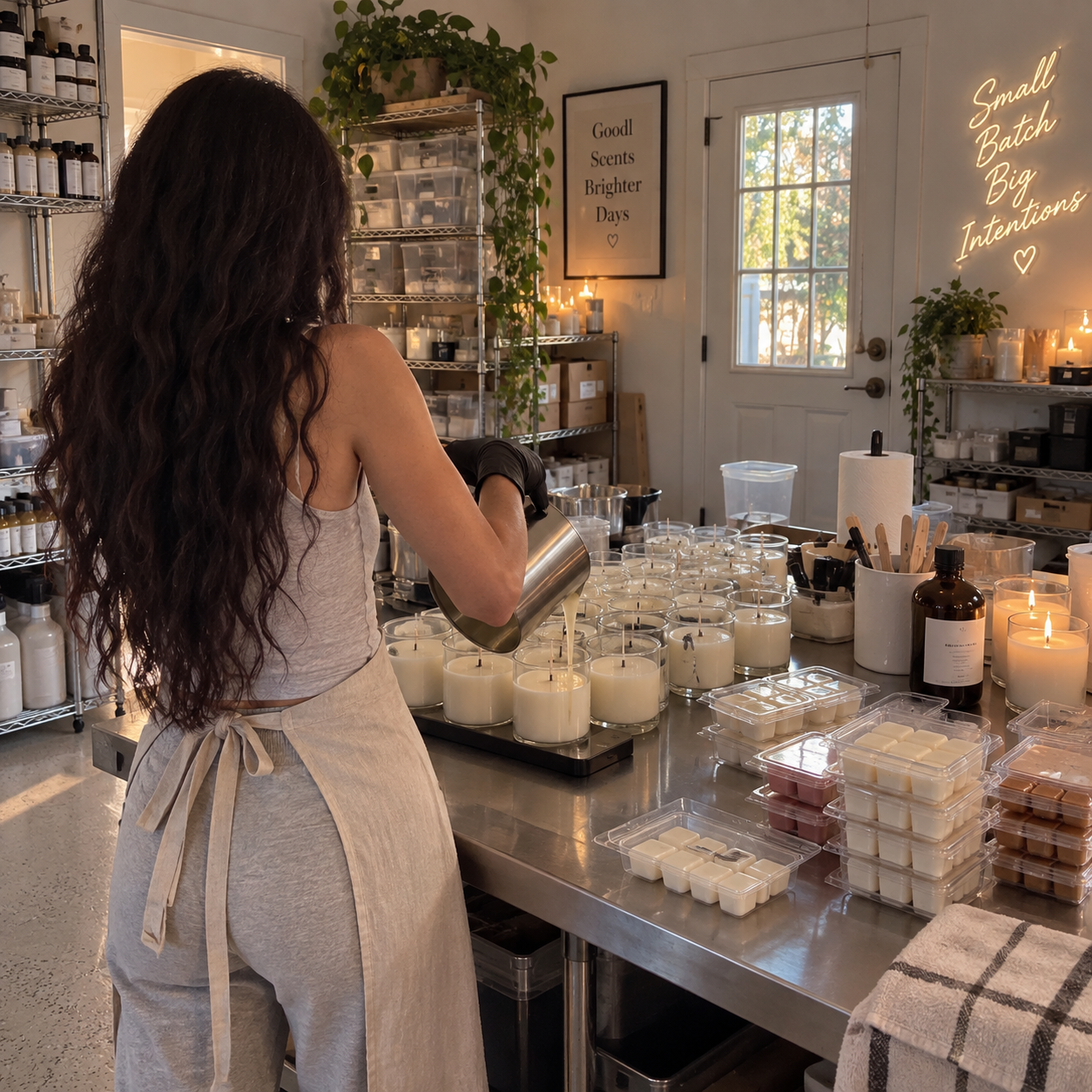 A woman with long dark hair, wearing a white apron, pouring wax into candles in a workshop with shelves filled with bottles and supplies, and a neon sign on the wall that reads "Small Batch Big Intentions."