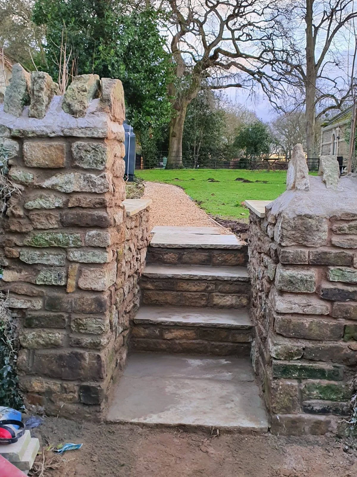 Natural stone garden steps and walls built by D Catt Builders