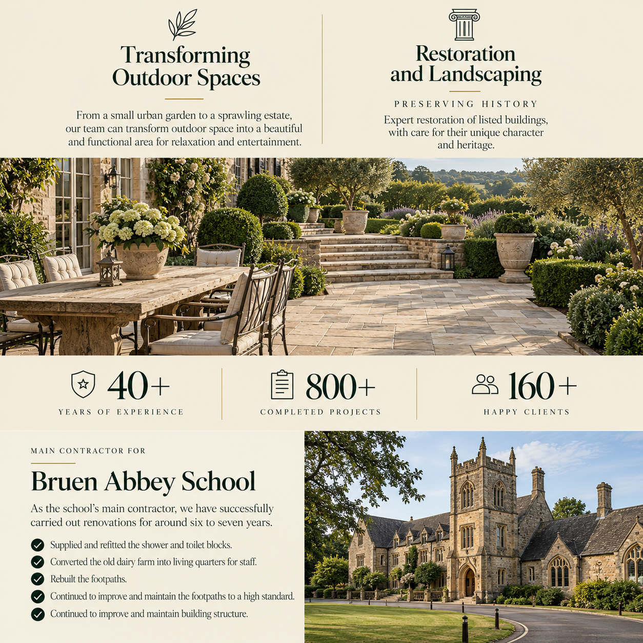 Stone terrace with an outdoor dining table, hydrangeas, clipped box and steps leading into a landscaped country garden