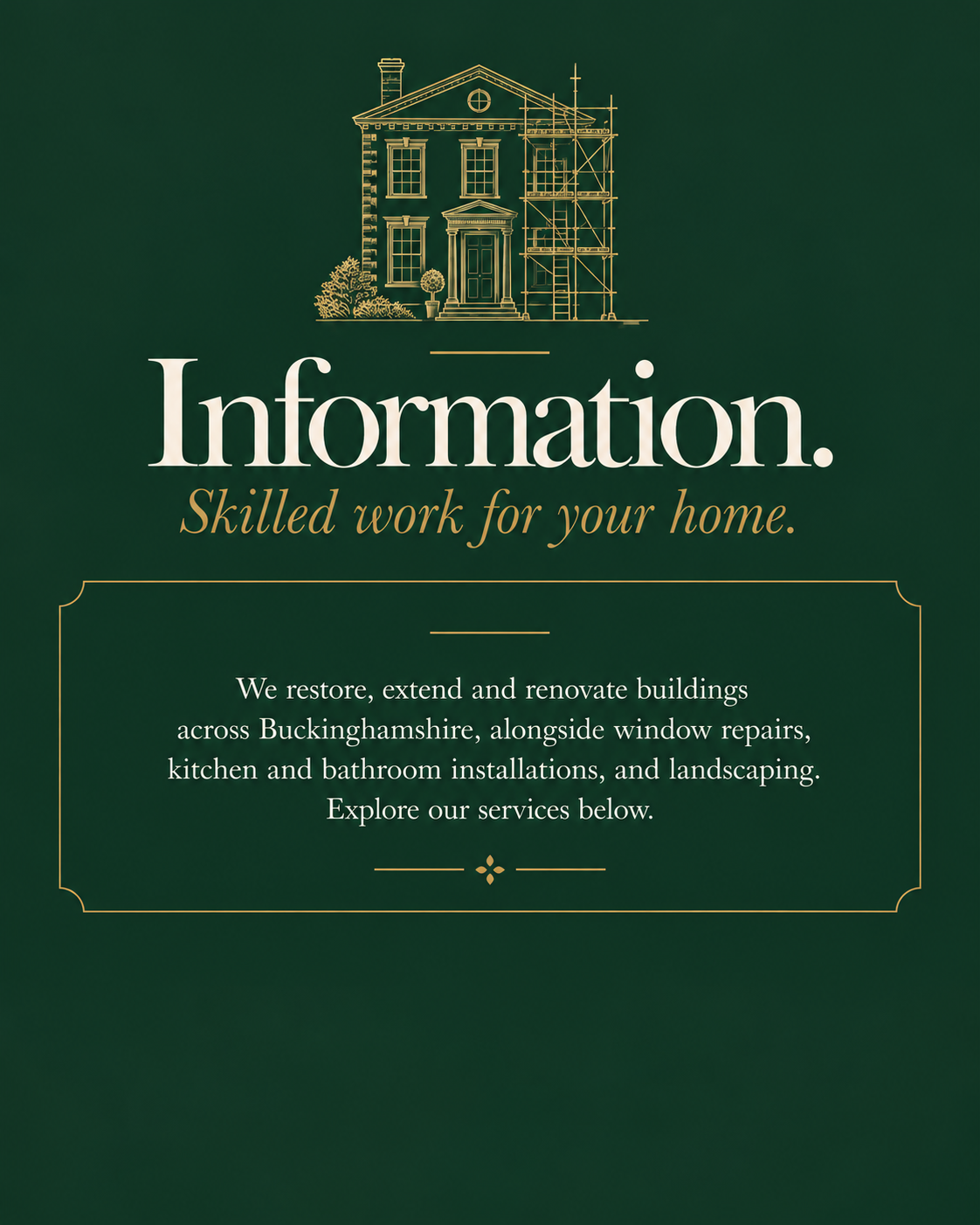 Gold line drawing of a period house under restoration with scaffolding