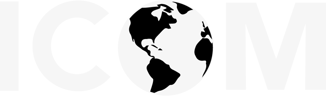 Graphic design featuring the word 'COM' with a stylized globe replacing the letter 'O'.