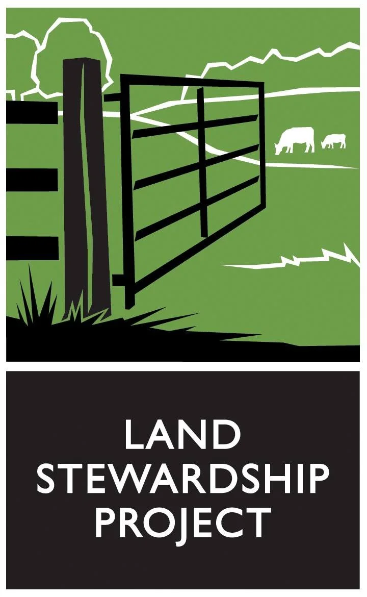Illustration of a farm fence with cows grazing in the background and the words "Land Stewardship Project" below.