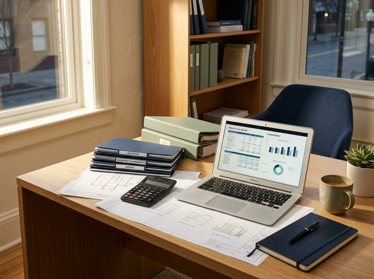 Accounting workspace with laptop, financial reports, calculator, and business records