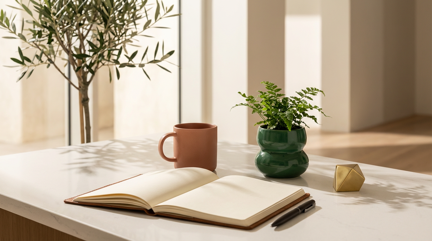 Accounting workspace with notebook and coffee in a bright professional office