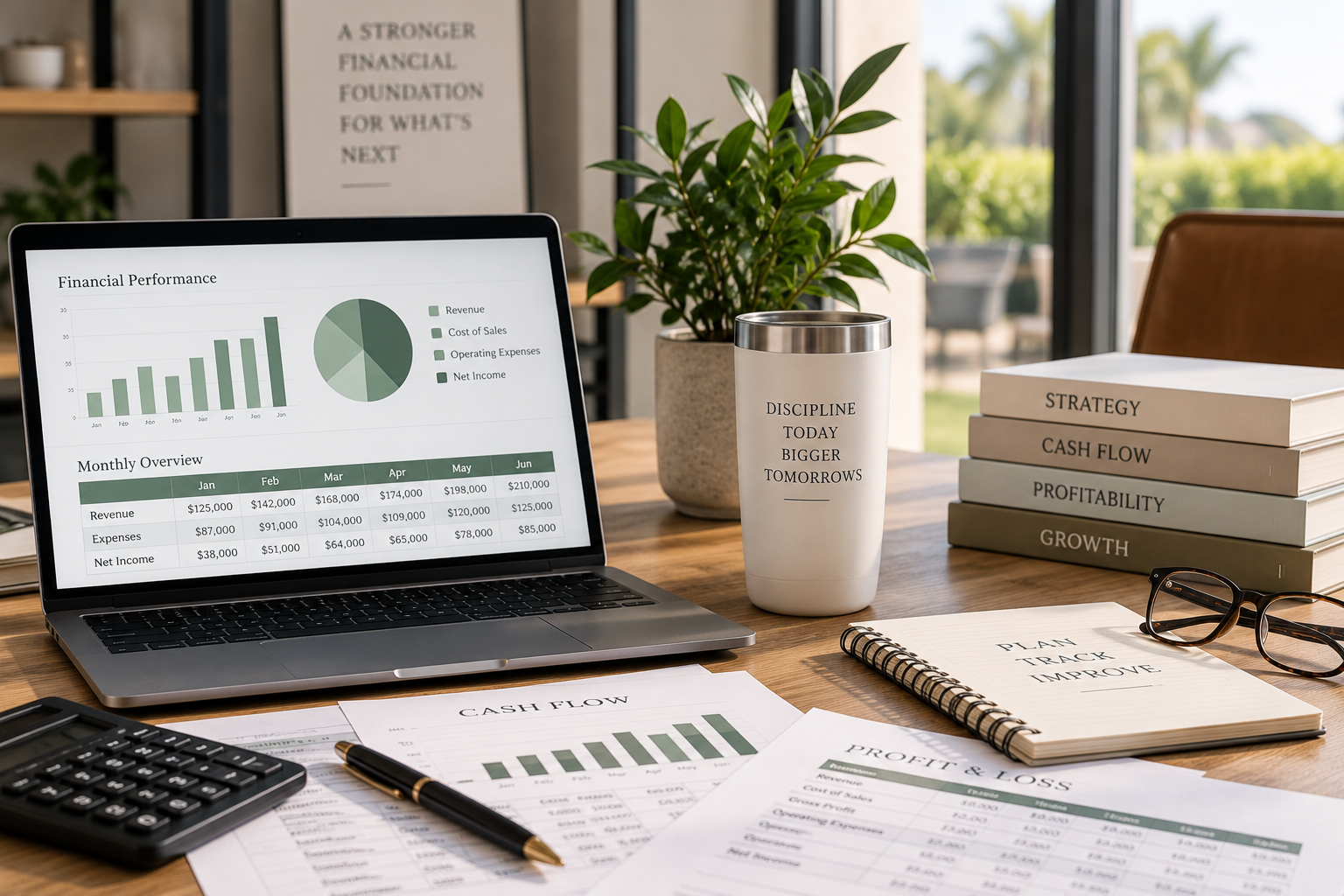 Financial reporting workspace with performance reports, calculator, and planning materials