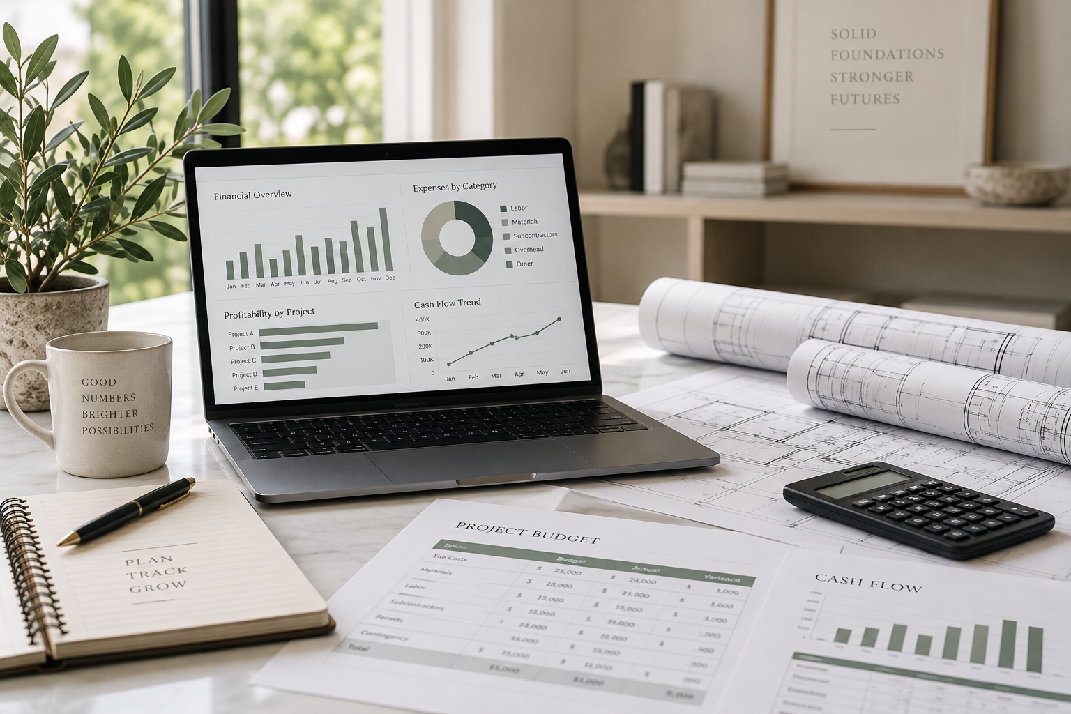Financial reporting workspace with laptop, blueprints, calculator, and accounting documents