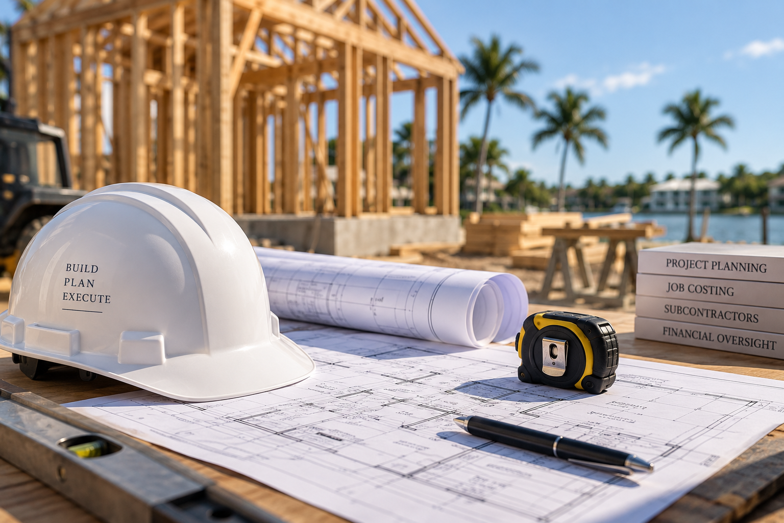 Construction project planning with blueprints, hard hat, and building site