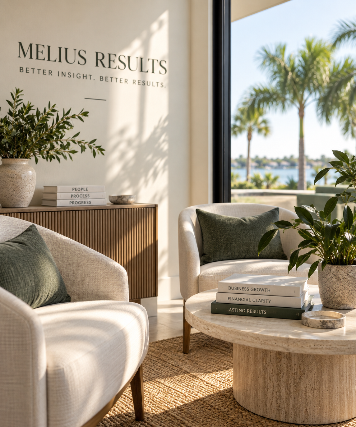 Melius Results office with professional meeting area overlooking palm trees and water