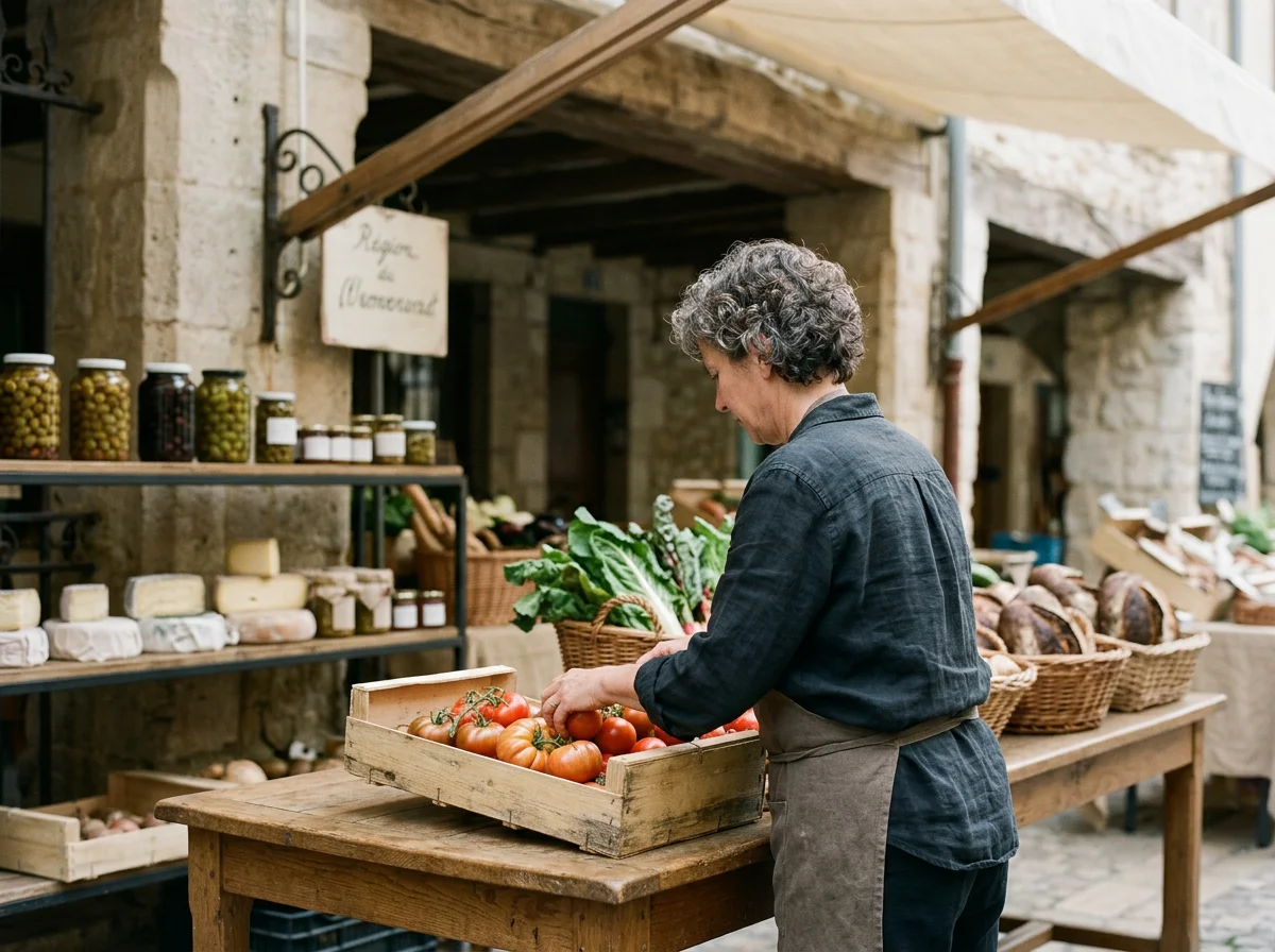A woman shopping for tomatoes at an outdoor market stall with various produce, jars, and cheeses displayed on shelves and tables.