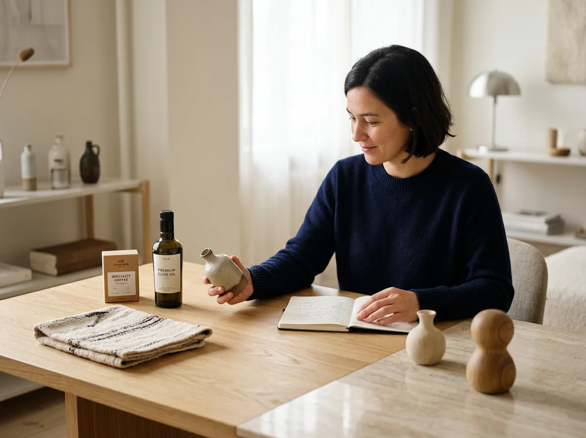 Woman sitting at a dining table with a notebook, small bottles, and decorative objects, looking at a ceramic vase in her hand.