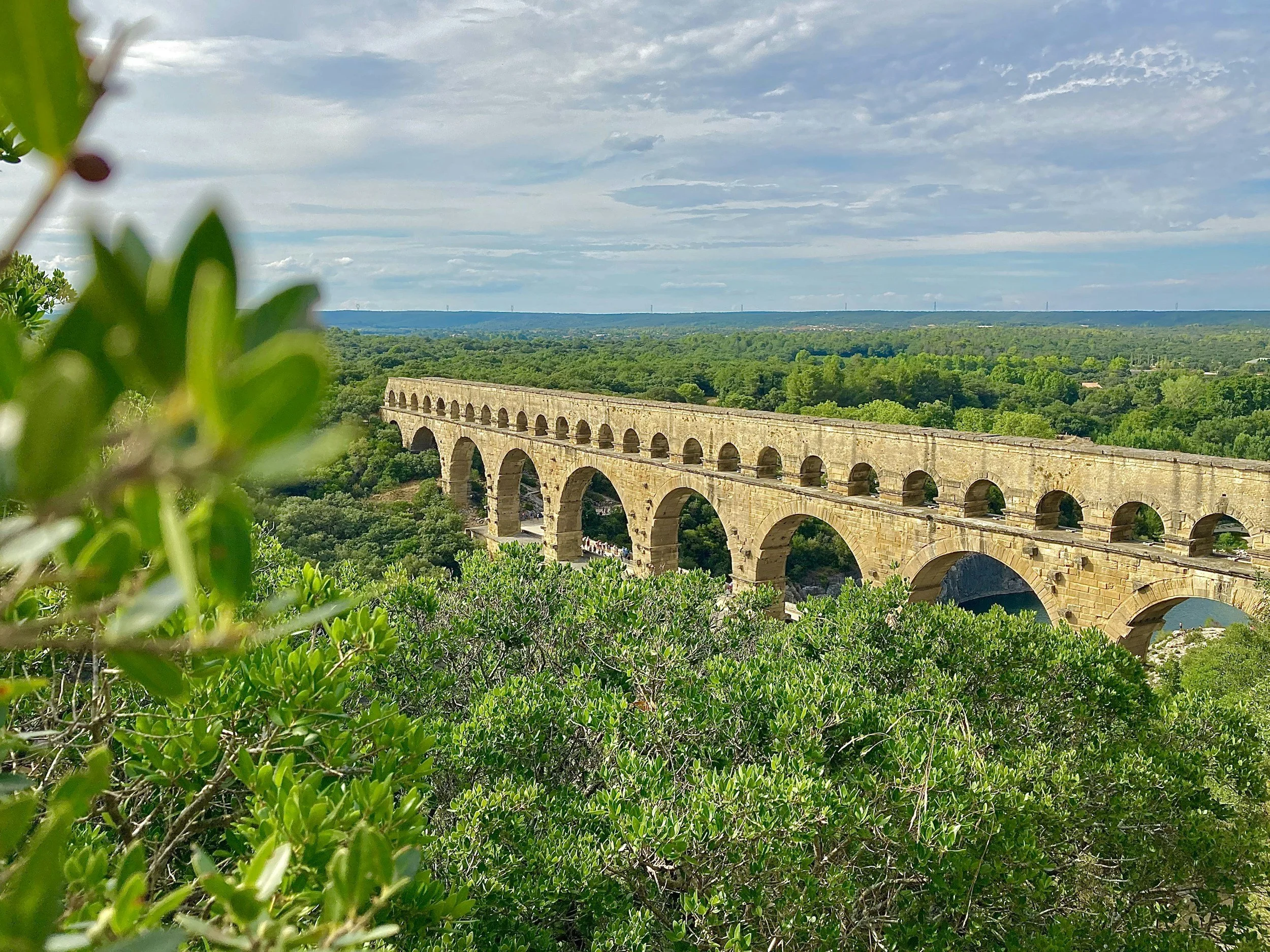 Vue du Pont-du-Gard au milieu d'une végétation dense avec un ciel nuageux en arrière-plan.