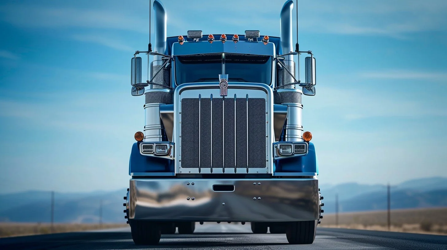 Front view of a large blue semi-truck on an open road with mountains in the background.