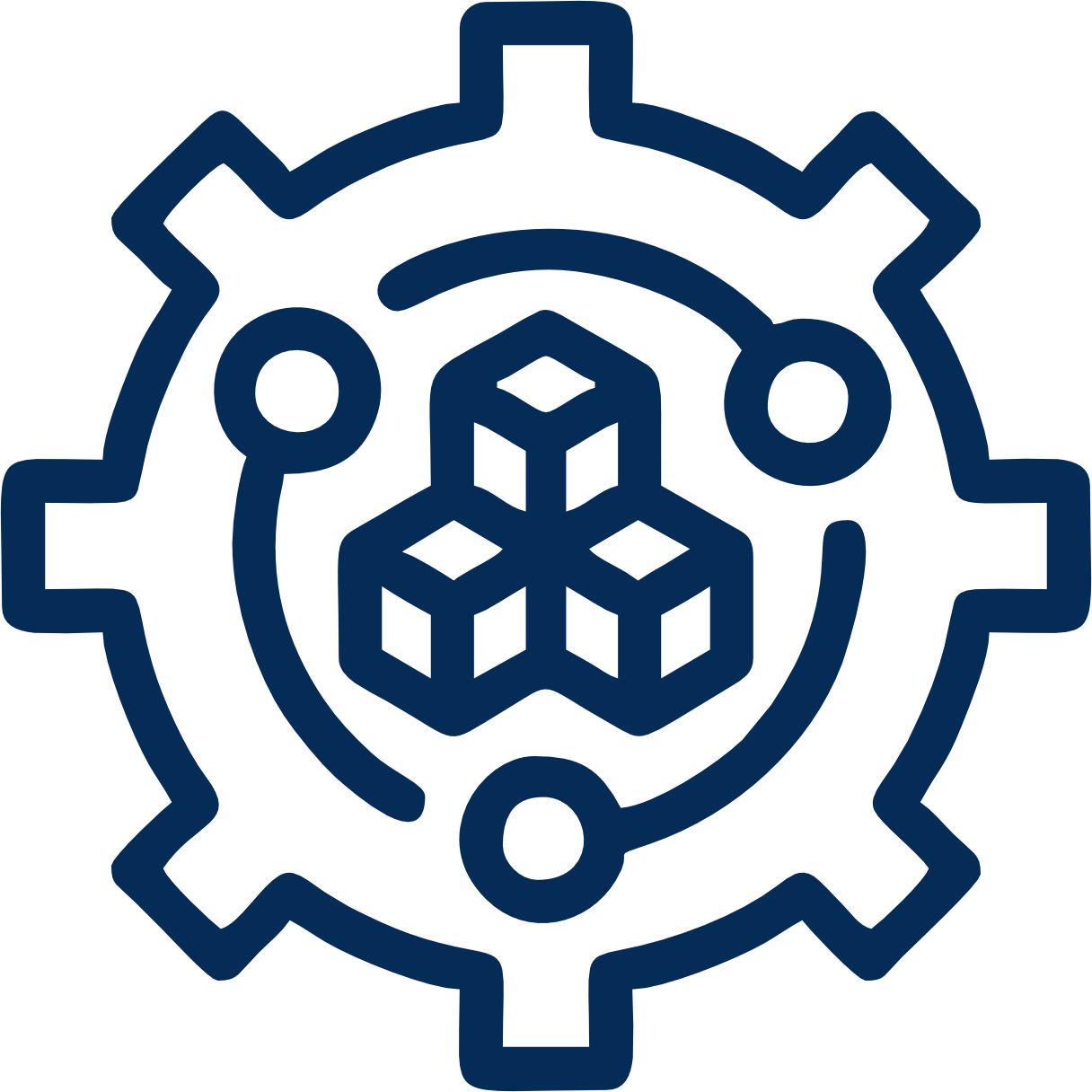 Icon of a gear with three interconnected cubes inside, representing automation or machinery.