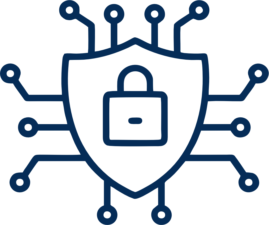 Line drawing of a shield with a lock in the center, surrounded by electronic circuit lines, symbolizing cybersecurity or data protection.