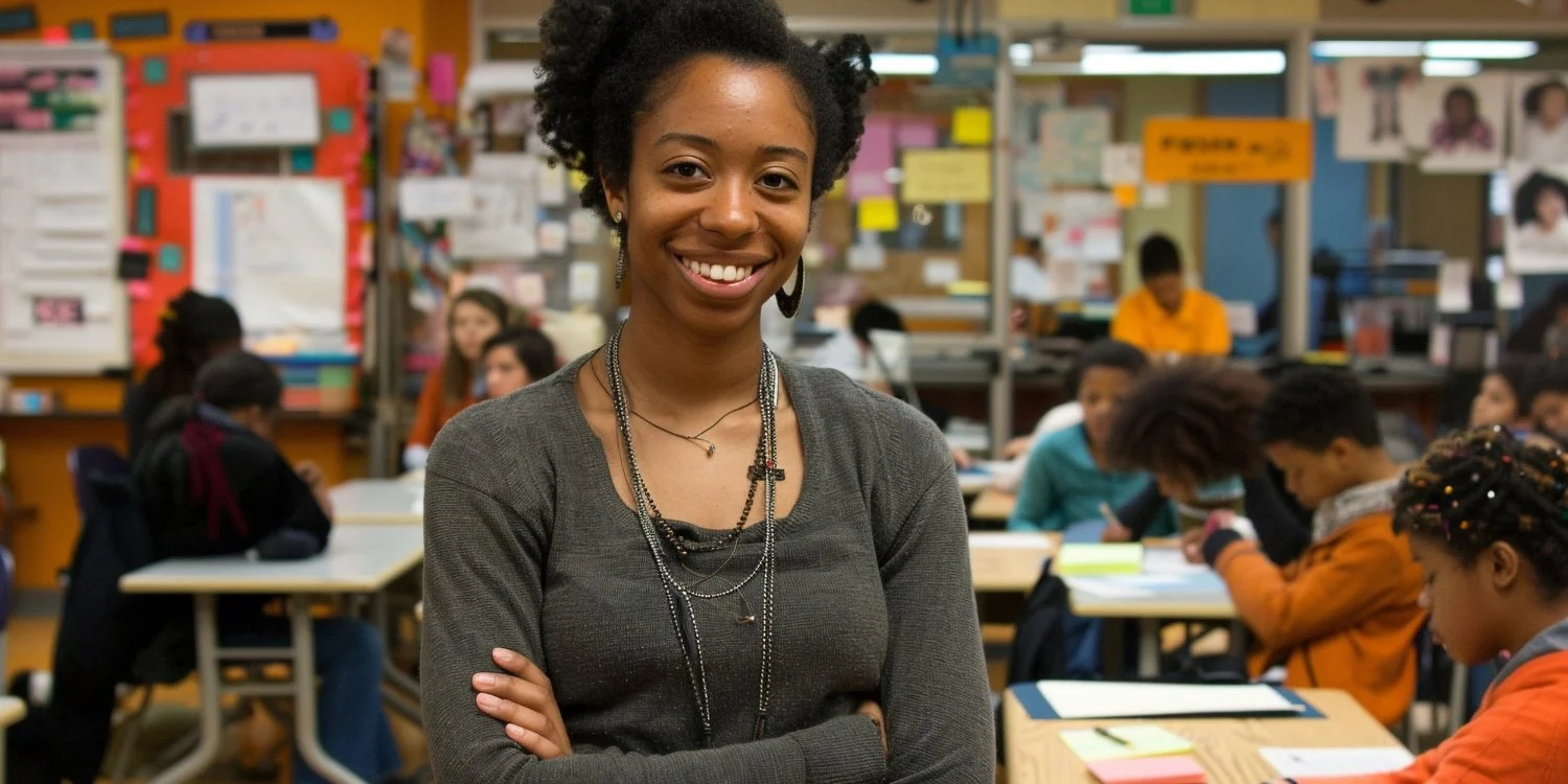 A smiling Black woman with short curly hair, wearing a gray top and layered necklaces, standing with crossed arms in a classroom filled with students seated at desks, working on paper and using electronic devices.