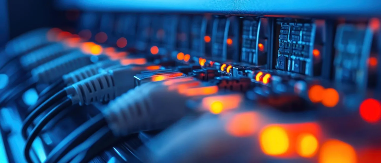 Close-up of a server rack with network cables and blinking lights in a data center.