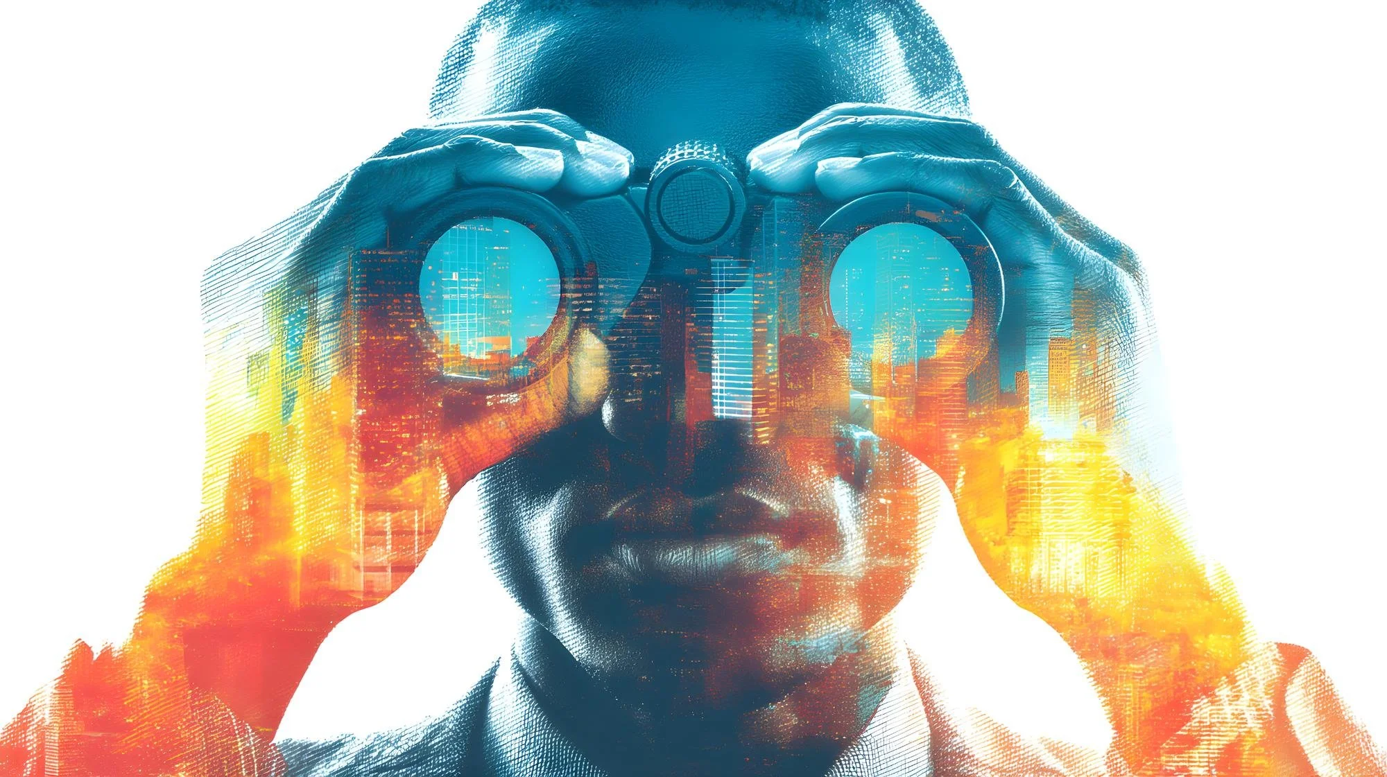 A person holding binoculars with a digital cityscape superimposed, symbolizing technology and urban exploration.