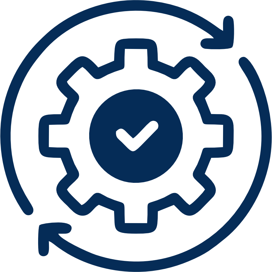 Gear icon with a checkmark inside and circular arrows around it indicating process completion or automated settings.