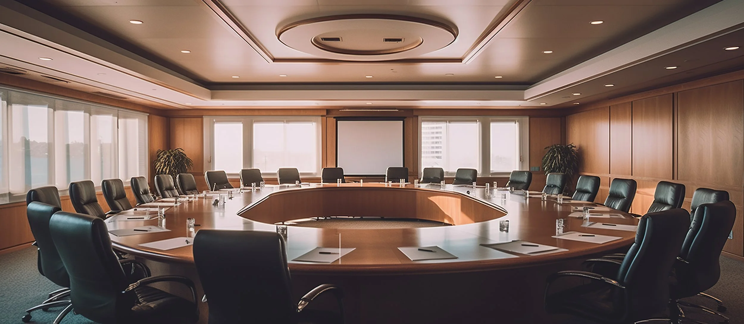 Empty conference room with a large oval wooden table, black leather chairs, windows with blinds, plants, and a projection screen.