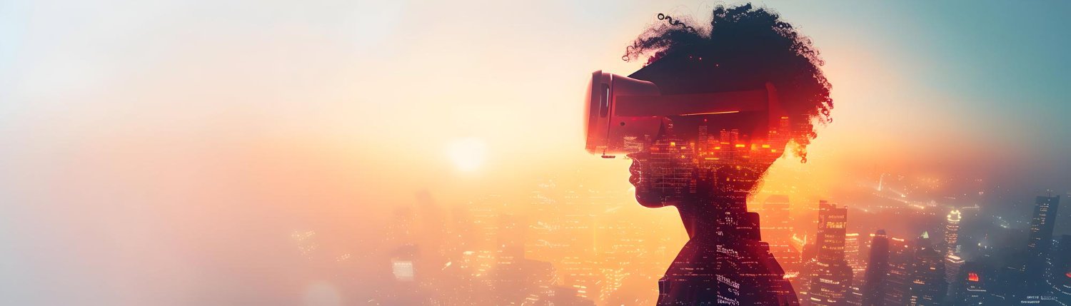 A woman with curly hair is wearing a virtual reality headset, with a city skyline at sunset overlaying her silhouette.