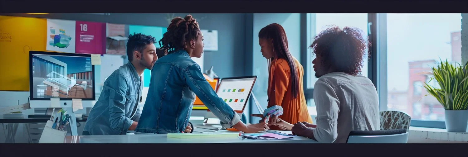 A diverse group of four young professionals having a discussion in a modern office, with computers and documents on the table and large windows in the background.