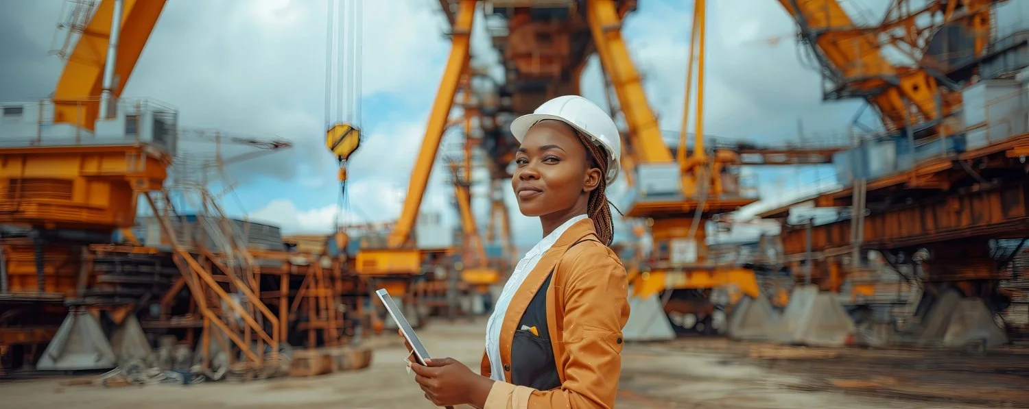 A woman in a hard hat and safety jacket at an industrial construction site with large yellow cranes in the background.