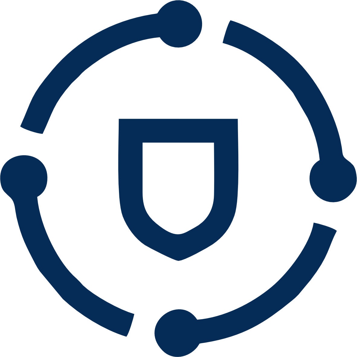 A dark blue shield enclosed within a circular orbit with four segments, representing cybersecurity or protection.