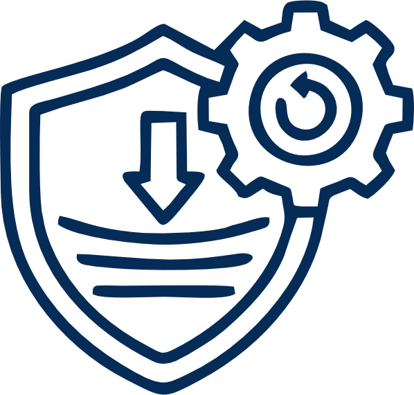 Outline icon of a shield with a downward arrow, a gear, and a clock symbol, representing security, maintenance, or system update.