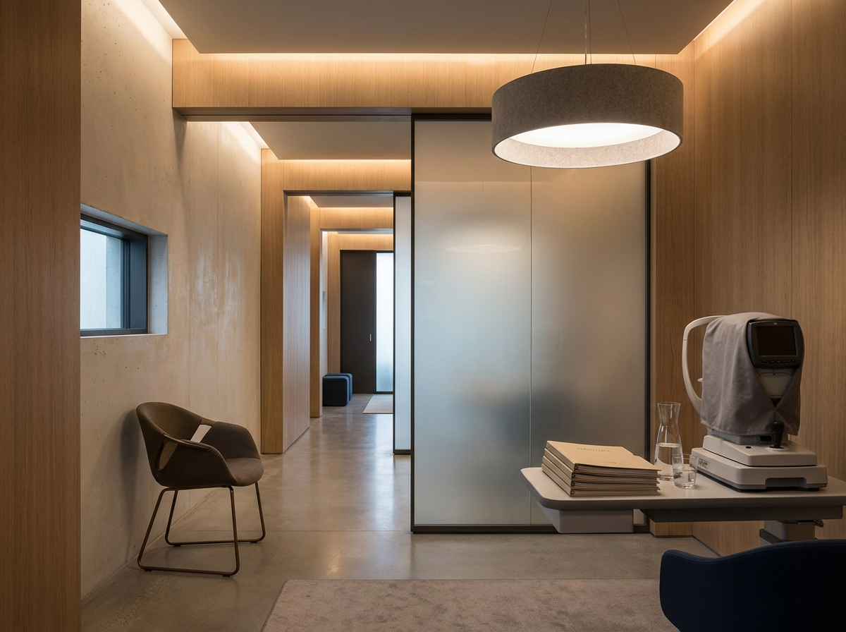 Modern medical or office examination room with a medical device, a stack of papers, a glass of water, a chair, and a sliding frosted glass door.