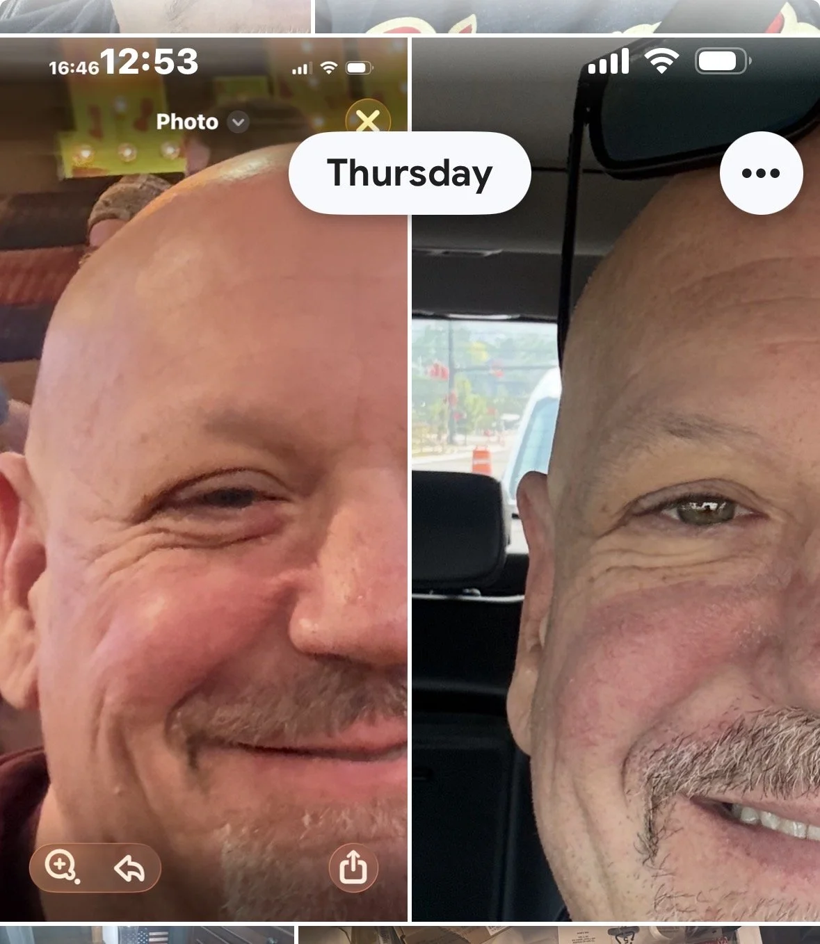 Comparison of two side-by-side selfies of the same man showing different facial expressions and hair styles, labeled as 'Thursday'.